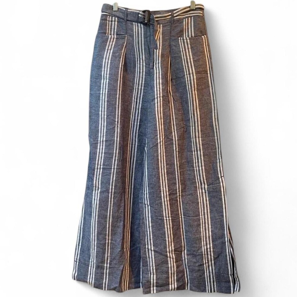 Anthropologie Blue Striped Linen Blend Wide Leg Beach Pants